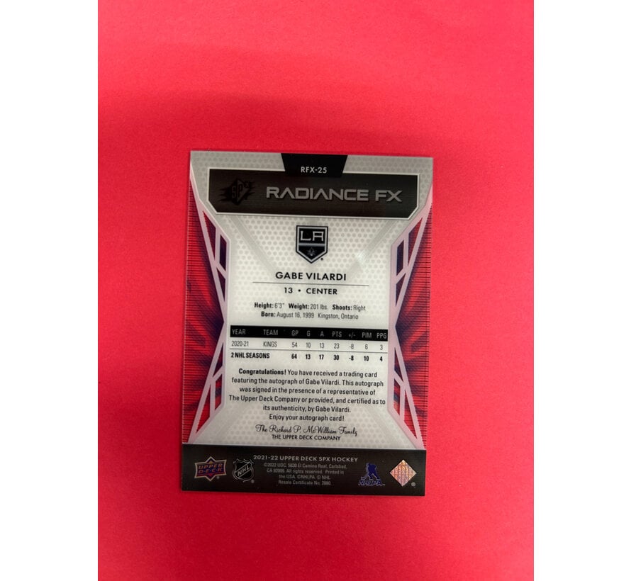 2021-22 UPPER DECK SPX GABE VILARDI RADIANCE FX ROOKIE AUTO SPECTRUM /15