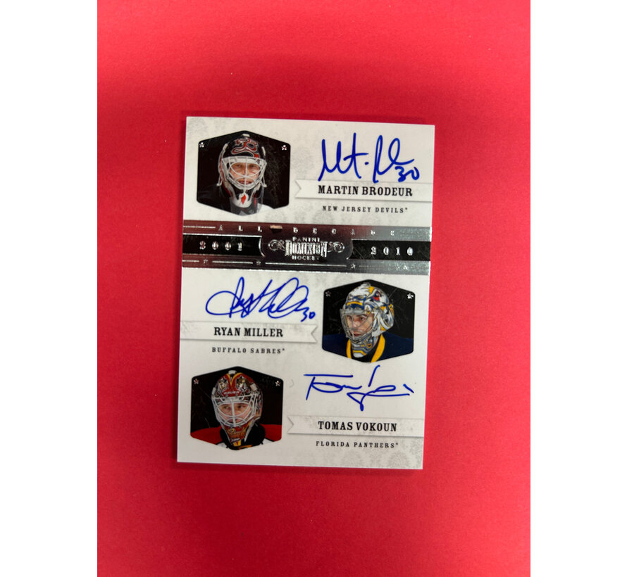 2010-11 PANINI DOMINION ALL DECADE AUTOGRAPHS BRODEUR / MILLER / VOKOUN  TRIPLE AUTOGRAPH /25