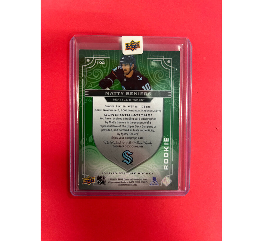 2022-23 UPPER DECK STATURE MATTY BENIERS AUTOGRAPH GREEN /65 UD SEALED