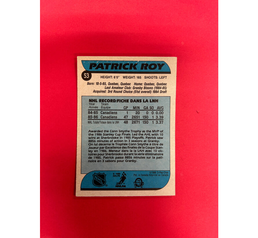 1986-87 O-PEE-CHEE PATRICK ROY ROOKIE CARD CLEAN