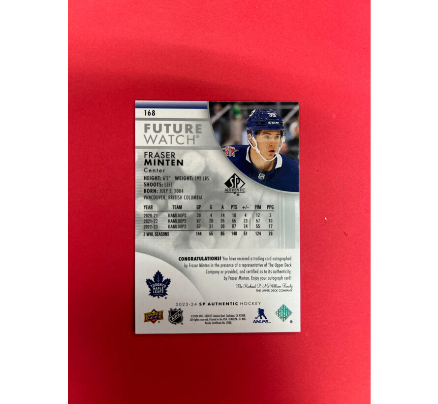 2023-24 SP AUTHENTIC FRASER MINTEN FUTURE WATCH AUTOGRAPH /999
