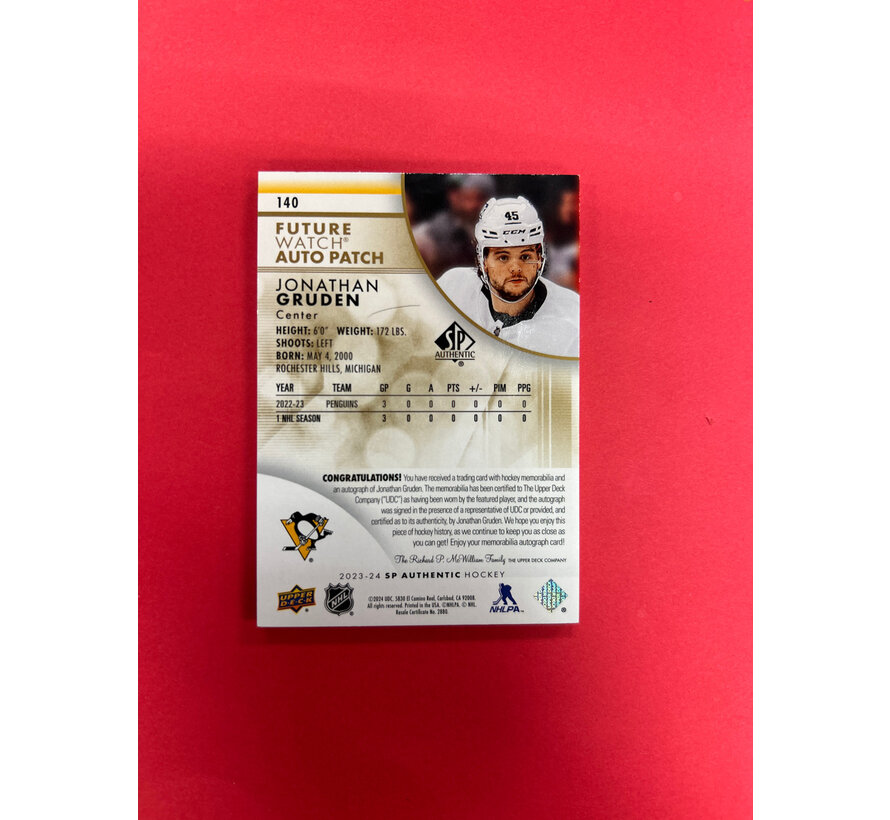 2023-24 SP AUTHENTIC JONATHAN GRUDEN FUTURE WATCH AUTO PATCH /100