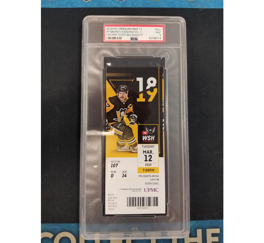 ALEX OVECHKIN 1200TH POINT REGULAR SEASON TICKET STUB PSA 9 WASHINGTON CAPITALS PENGUINS