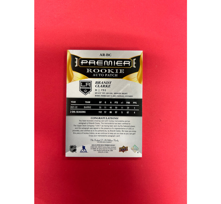 2022-23 UPPER DECK PREMIER BRANDT CLARKE PREMIER ROOKIE AUTO PATCH GOLD /65