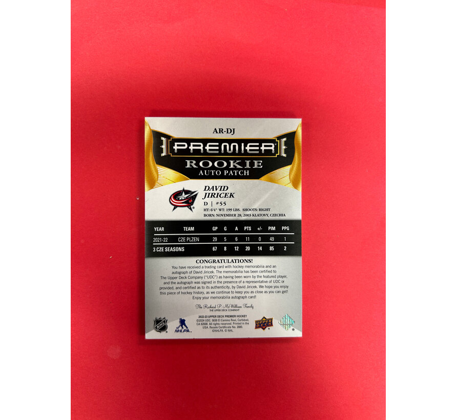 2022-23 UPPER DECK PREMIER DAVID JIRICEK PREMIER ROOKIE PATCH AUTO /249