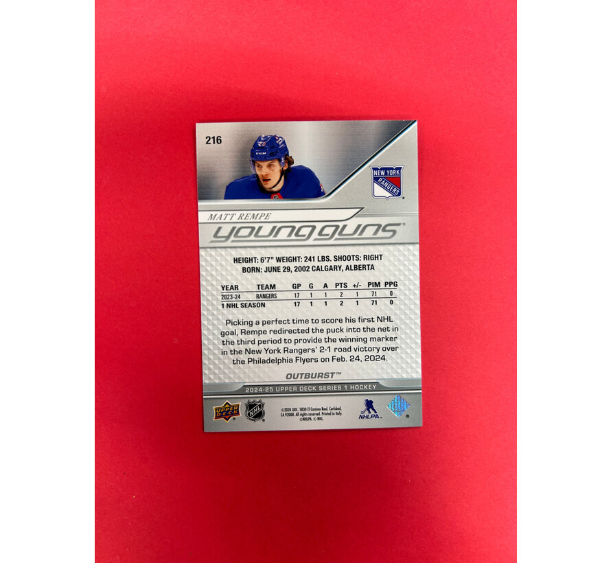 2024-25 UPPER DECK SERIES 1 MATT REMPE YOUNG GUNS SILVER OUTBURST