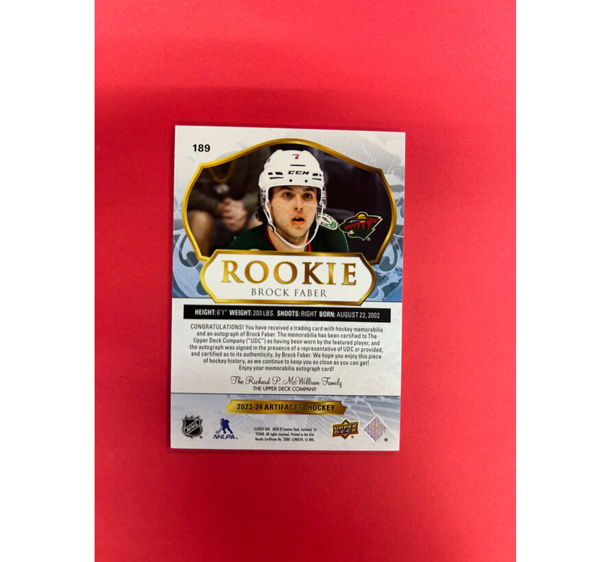 2023-24 UPPER DECK ARTIFACTS BROCK FABER ROOKIE DUAL JERSEY AUTO /99