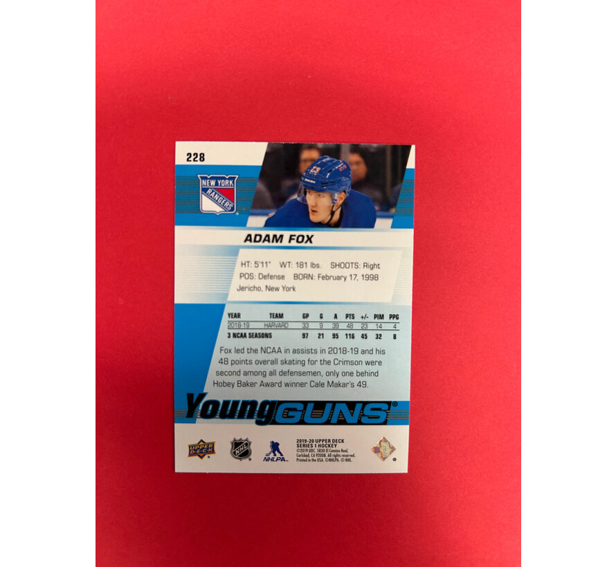 2019-20 UPPER DECK SERIES 1 ADAM FOX YOUNG GUNS