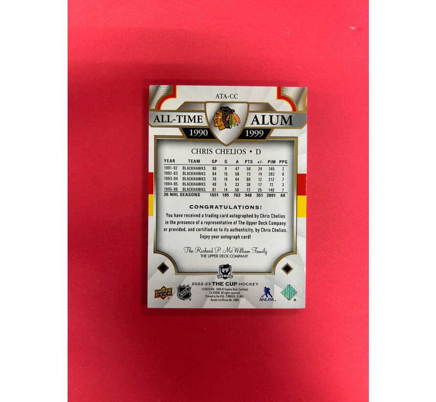 2022-23 UPPER DECK THE CUP CHRIS CHELIOS ALL TIME ALUM AUTOGRAPH /25
