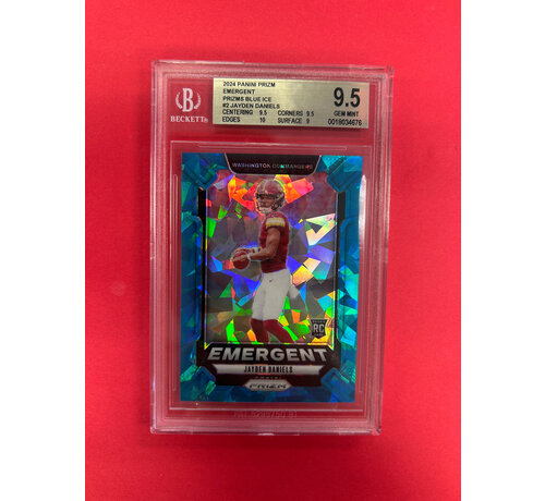 PANINI 2024 PANINI PRIZM JAYDEN DANIELS EMERGENT BLUE CRACKED ICE /99 BECKETT GRADED 9.5