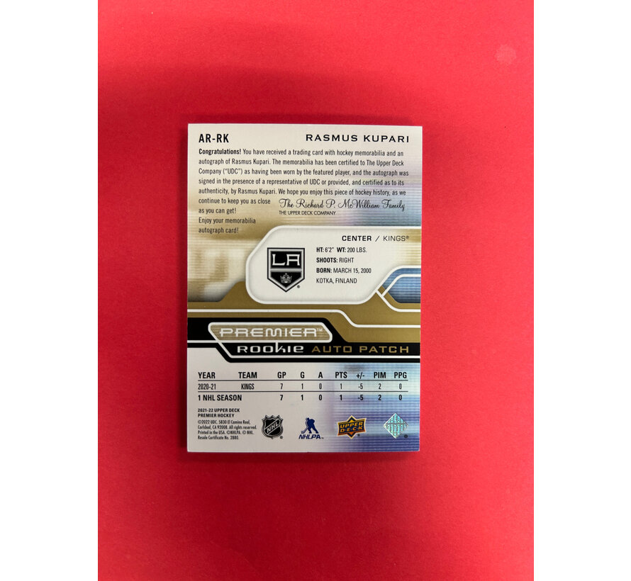 2021-22 UPPER DECK PREMIER RASMUS KUPARI ROOKIE AUTO PATCH GOLD /65