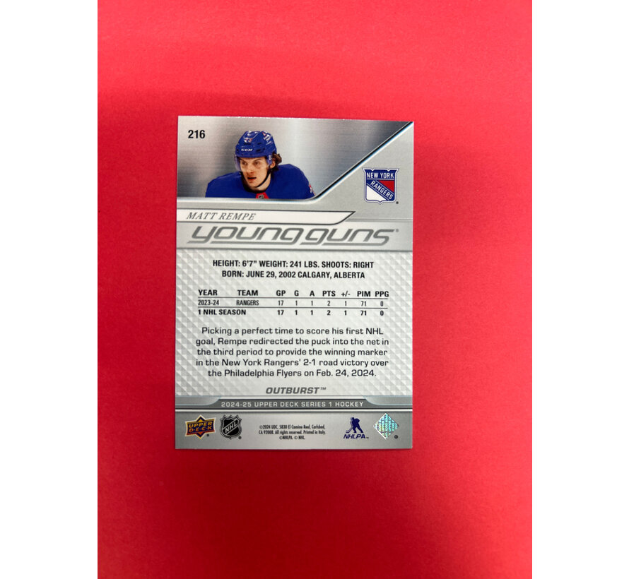 2024-25 UPPER DECK SERIES 1 MATT REMPE YOUNG GUNS OUTBURST