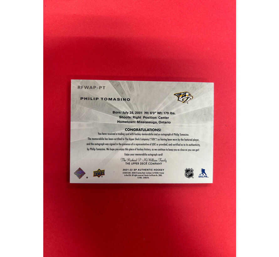 2021-22 SP AUTHENTIC PHILIP TOMASINO FUTURE WATCH AUTO PATCH RETRO /99 JERSEY NUMBERED