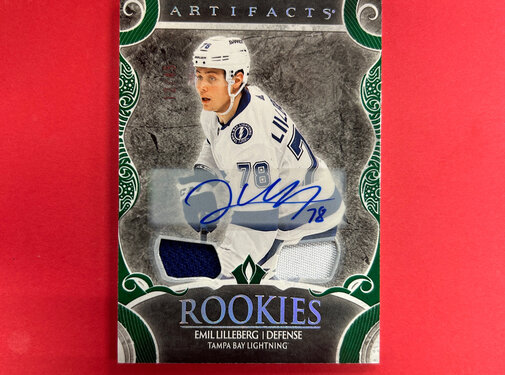 UPPER DECK 2024-25 UPPER DECK ARTIFACTS EMIL LILLEBERG DUAL JERSEY AUTO EMERALD /45