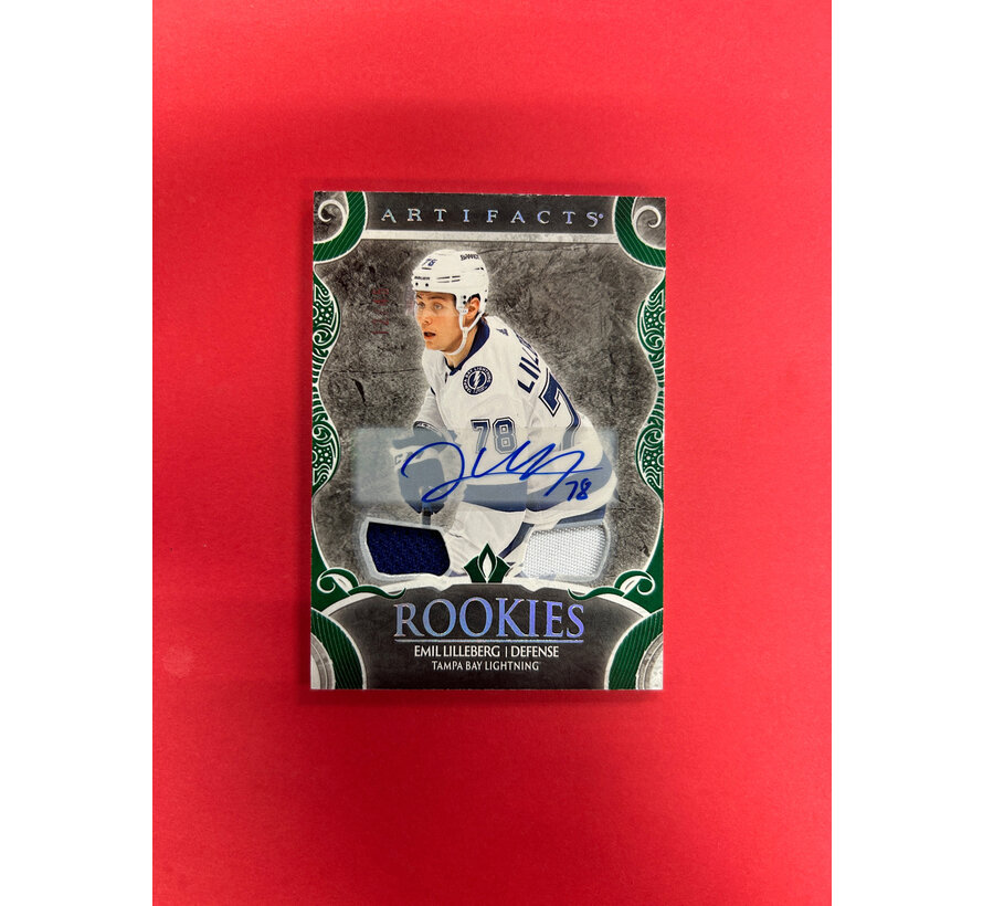 2024-25 UPPER DECK ARTIFACTS EMIL LILLEBERG DUAL JERSEY AUTO EMERALD /45
