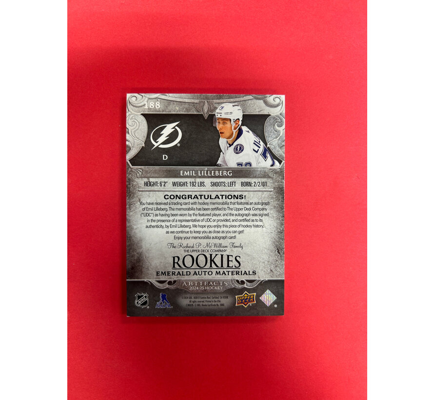 2024-25 UPPER DECK ARTIFACTS EMIL LILLEBERG DUAL JERSEY AUTO EMERALD /45