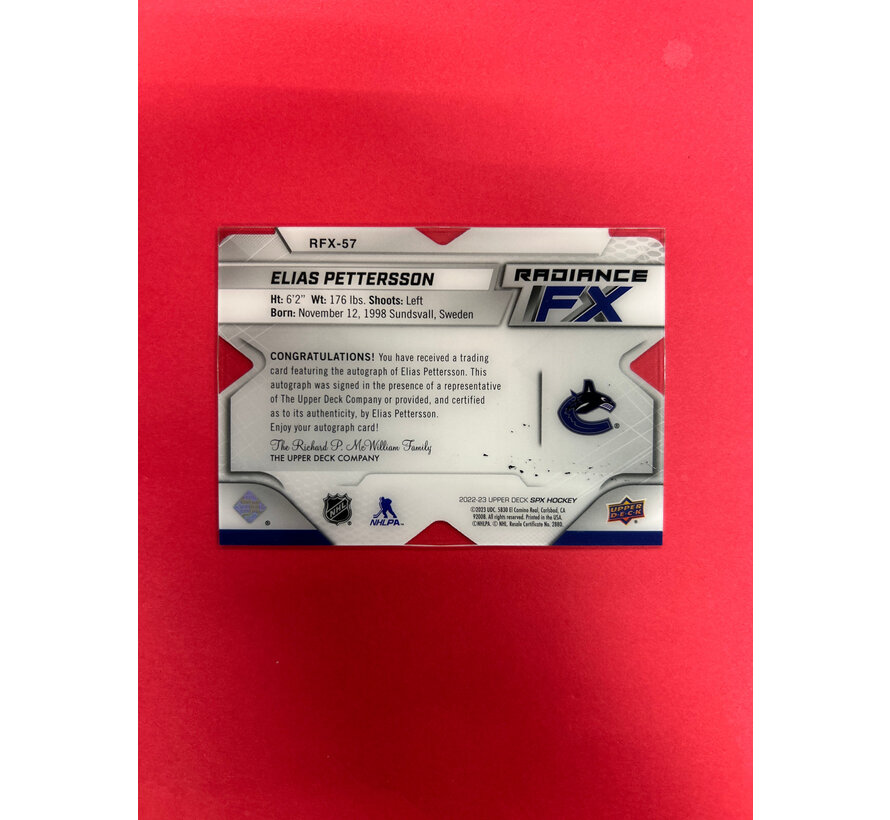 2022-23 UPPER DECK SPX ELIAS PETTERSSON RADIANCE FX AUTOGRAPH PURPLE /15