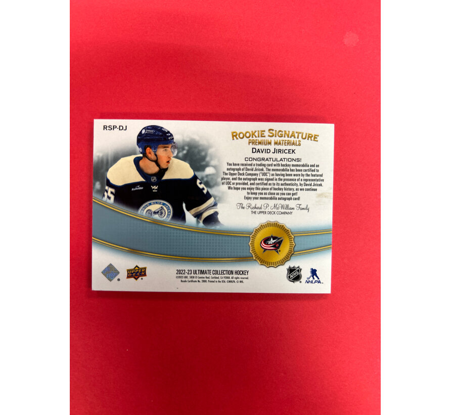 2022-23 UPPER DECK ULTIMATE COLLECTION DAVID JIRICEK ROOKIE SIGNATURE MATERIALS /65
