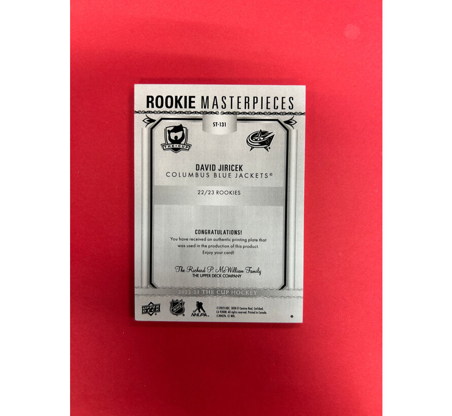 2022-23 UPPER DECK THE CUP DAVID JIRICEK ROOKIE MASTERPIECES PRINTING PLATE 1/1
