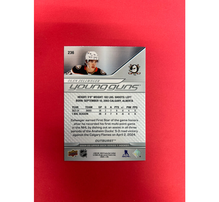 2024-25 UPPER DECK SERIES 1 OLEN ZELLWEGER YOUNG GUNS OUTBURST