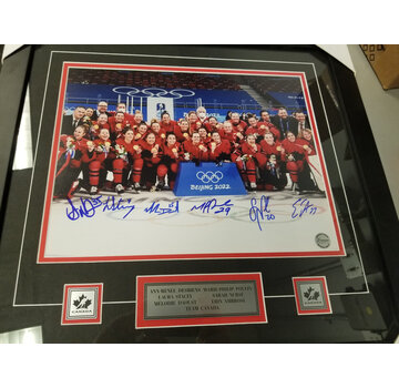 PREMIUM AUTOGRAPHS 11x4 FRAMED 2022 TEAM CANADA WOMENS 6 AUTOGRAPHS DESBIENS, POULIN, STACEY, NURSE, DAOUST, AMBROSE