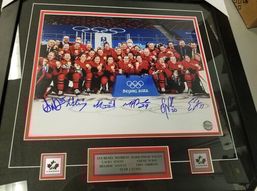 PREMIUM AUTOGRAPHS 11x4 FRAMED 2022 TEAM CANADA WOMENS 6 AUTOGRAPHS DESBIENS, POULIN, STACEY, NURSE, DAOUST, AMBROSE