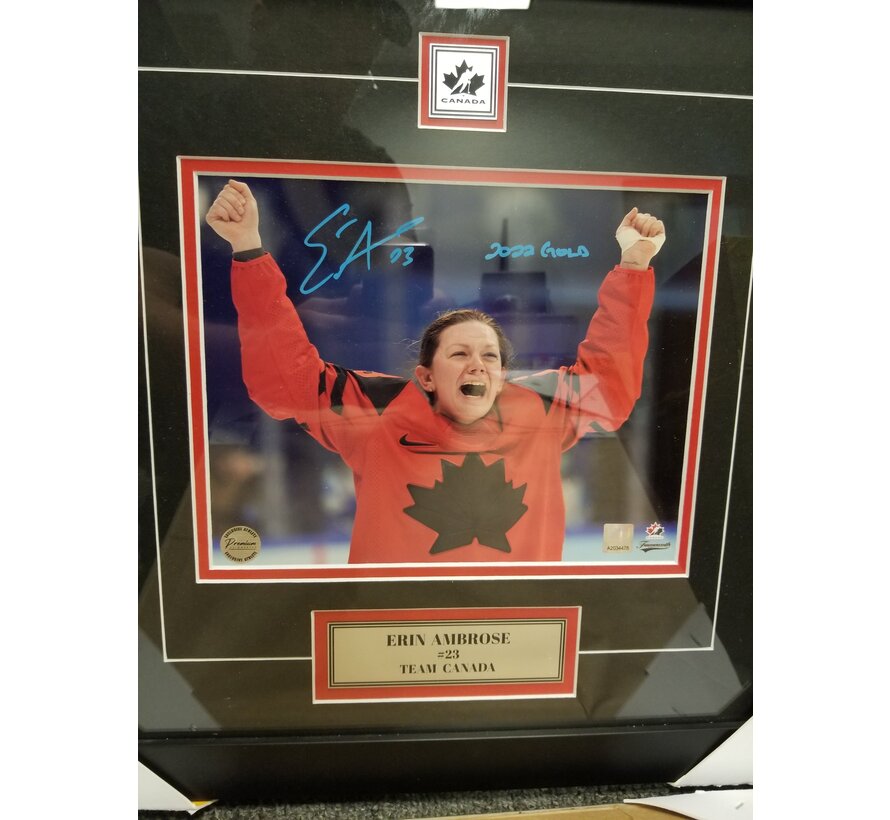 FRAMED Erin Ambrose Team Canada Signed 8x10 Photograph Olympic Goal Celebration w/ 2022 Gold Inscription