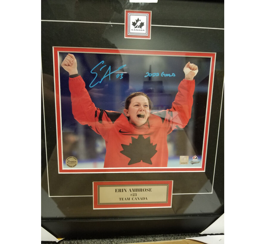 FRAMED Erin Ambrose Team Canada Signed 8x10 Photograph Olympic Goal Celebration w/ 2022 Gold Inscription
