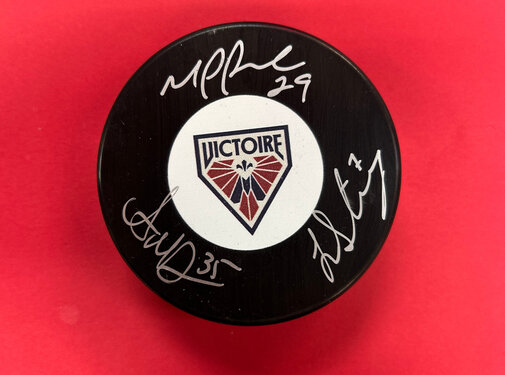 Ann-Renee Desbiens, Marie-Philip Poulin & Laura Stacey Montreal Victoire PWHL Signed Puck W/COA