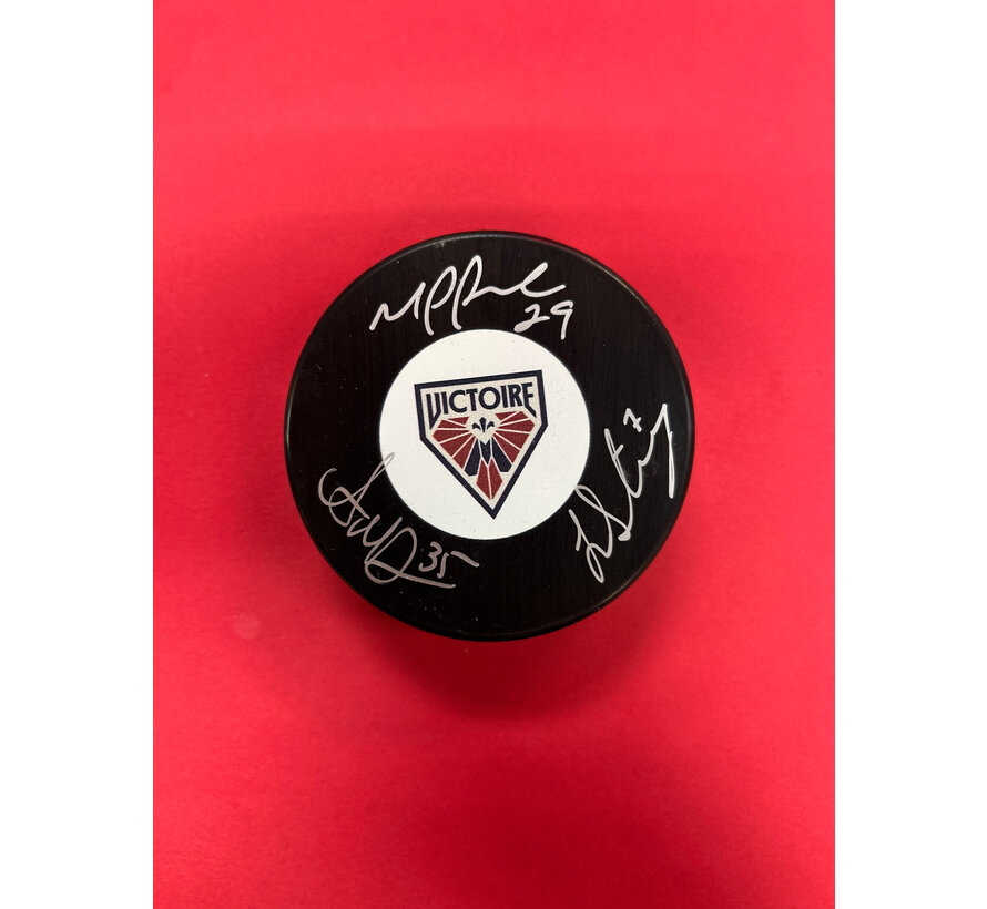 Ann-Renee Desbiens, Marie-Philip Poulin & Laura Stacey Montreal Victoire PWHL Signed Puck W/COA