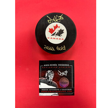 PREMIUM AUTOGRAPHS Ann-Renee Desbiens Team Canada Signed Puck w/ 2022 Gold Inscription W/COA