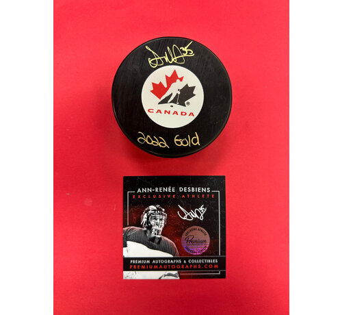 PREMIUM AUTOGRAPHS Ann-Renee Desbiens Team Canada Signed Puck w/ 2022 Gold Inscription W/COA