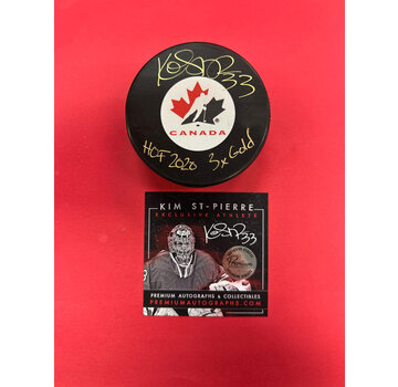 PREMIUM AUTOGRAPHS Kim St-Pierre Canada Signed Puck w/ HOF 2020 & 3x Gold Inscription W/COA