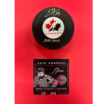 PREMIUM AUTOGRAPHS Erin Ambrose Team Canada Signed Puck w/ 2022 Gold inscription W/COA