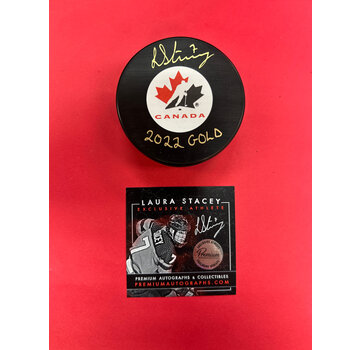 PREMIUM AUTOGRAPHS Laura Stacey Team Canada Signed Puck 2022 GOLD Inscription W/COA