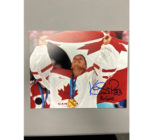 Kim St-Pierre Team Canada Signed 8x10 Photograph Flag Celebration w/ 3x Gold Inscription