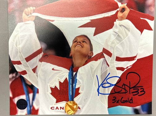PREMIUM AUTOGRAPHS Kim St-Pierre Team Canada Signed 8x10 Photograph Flag Celebration w/ 3x Gold Inscription