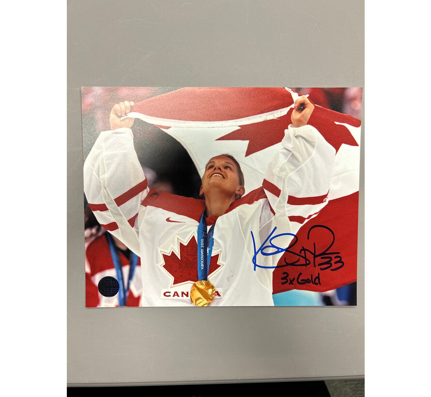 Kim St-Pierre Team Canada Signed 8x10 Photograph Flag Celebration w/ 3x Gold Inscription