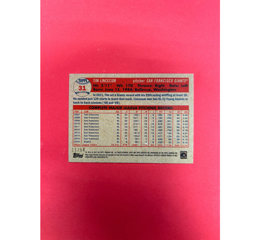 2021 TOPPS HERITAGE TIM LINCECUM RED FOIL /50