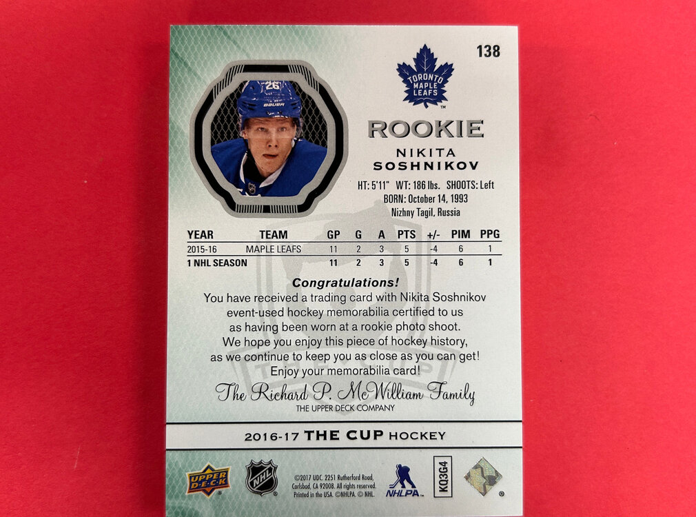 UPPER DECK 2016-17 UPPER DECK THE CUP NIKITA SOSHNIKOV BUTTON /3