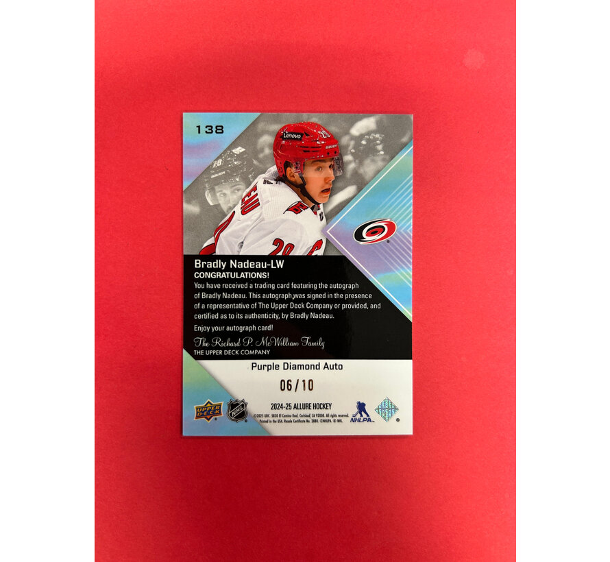 2024-25 UPPER DECK ALLURE BRADLEY NADEAU PURPLE DIAMOND AUTO /10