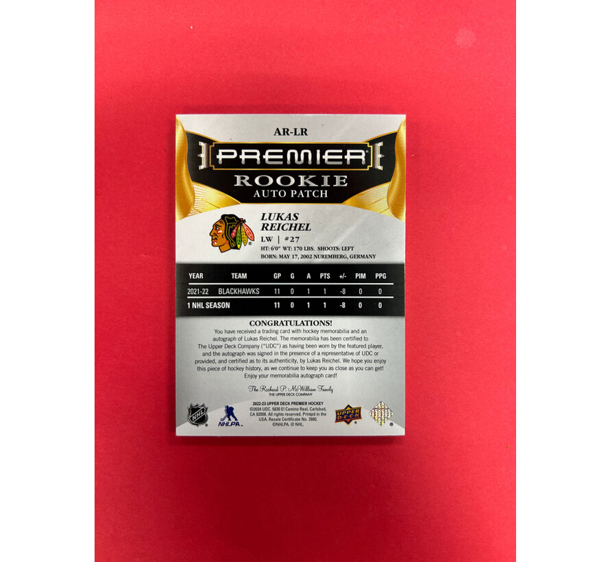 2022-23 UPPER DECK PREMIR LUKAS REICHEL ROOKIE AUTO PATCH /249