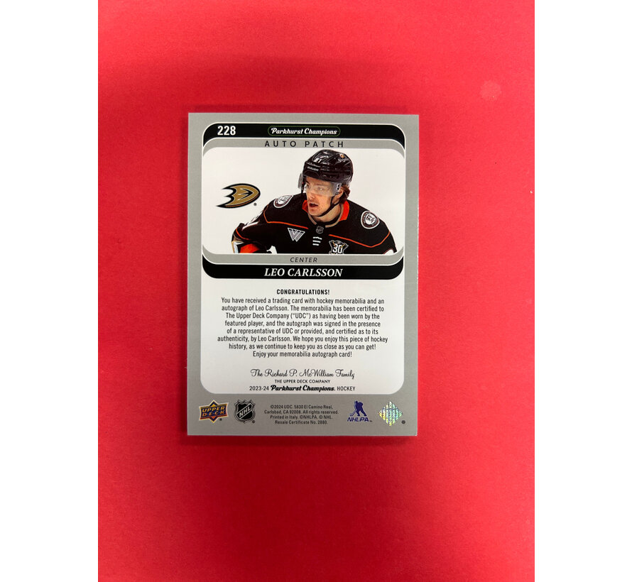 2023-24 UPPER DECK PARKHURST CHAMPIONS LEO CARLSSON ROOKIE PATCH AUTO /35