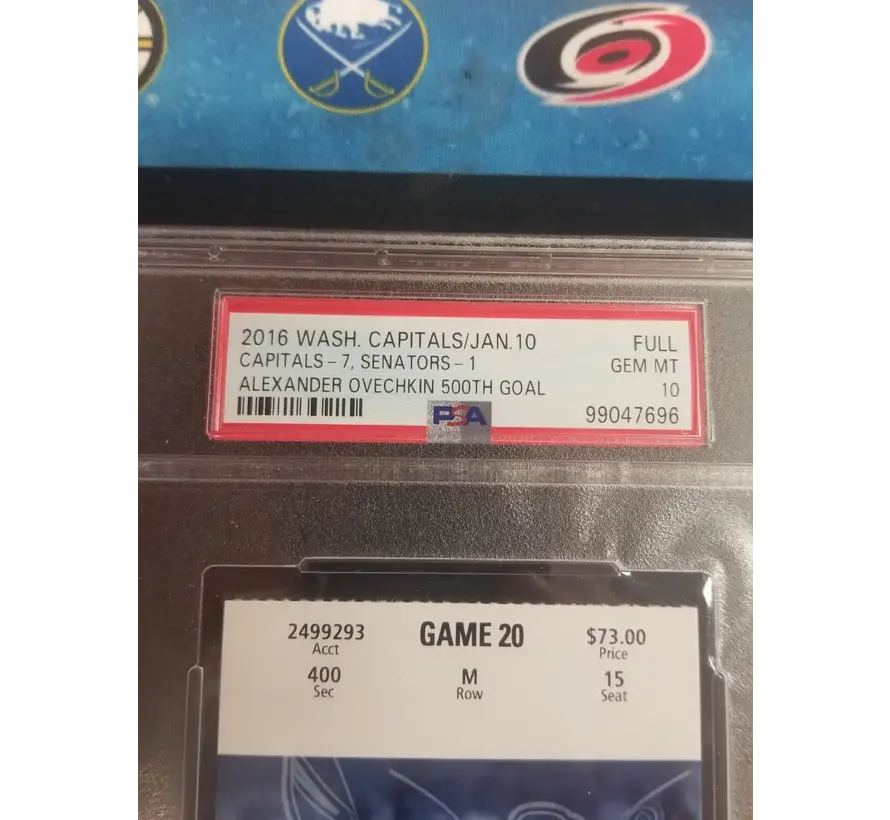 ALEX OVECHKIN 500TH GOAL TICKET STUB PSA 10 WASHINGTON CAPITALS 2016