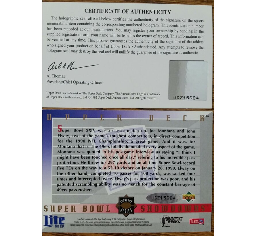 1992 UPPER DECK JOE MONTANA JOHN ELWAY AUTOGRAPH SHOWDOWN SERIES UPPER DECK COA