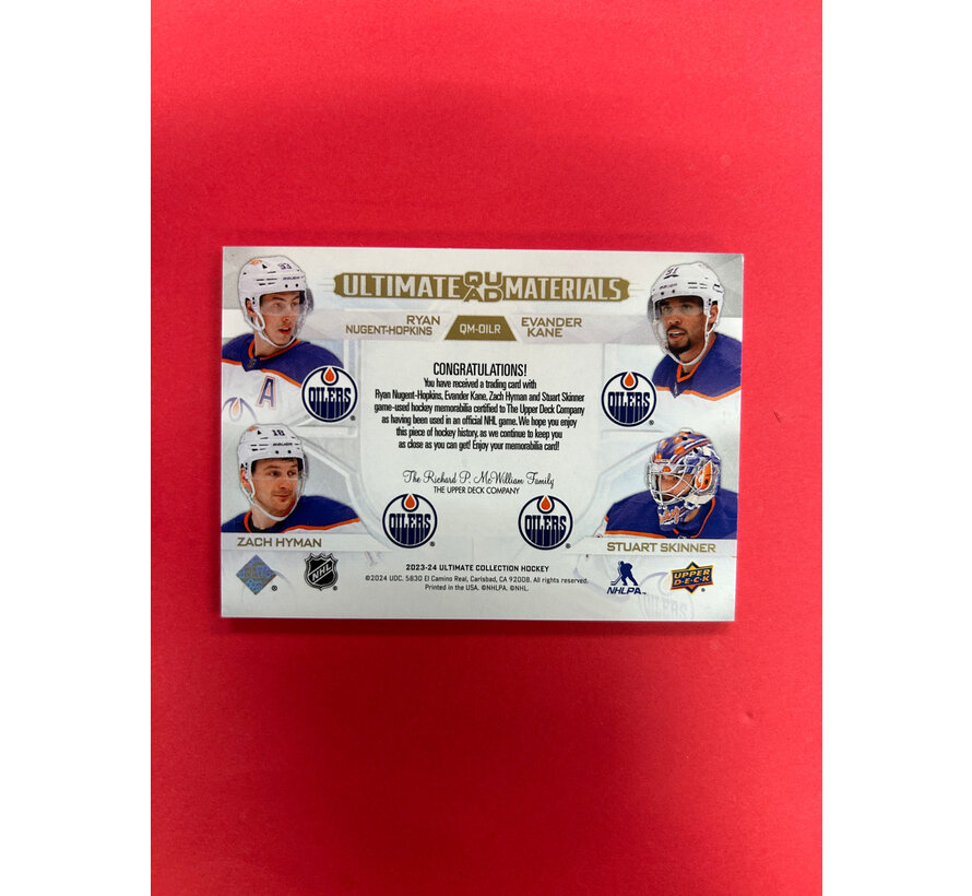 2023-24 UPPER DECK ULTIMATE COLLECTION ULTIMATE QUAD MATERIALS OILERS /49