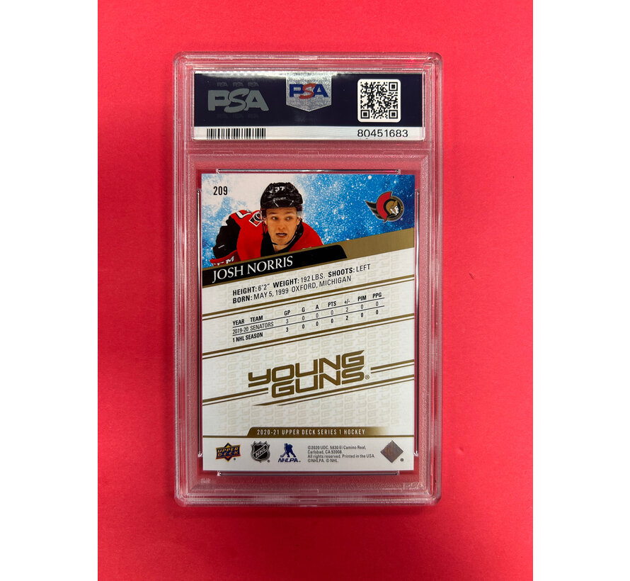 2020-21 UPPER DECK SERIES 1 JOSH NORRISS YOUNG GUNS SPECKLED RAINBOW PSA GRADED 10