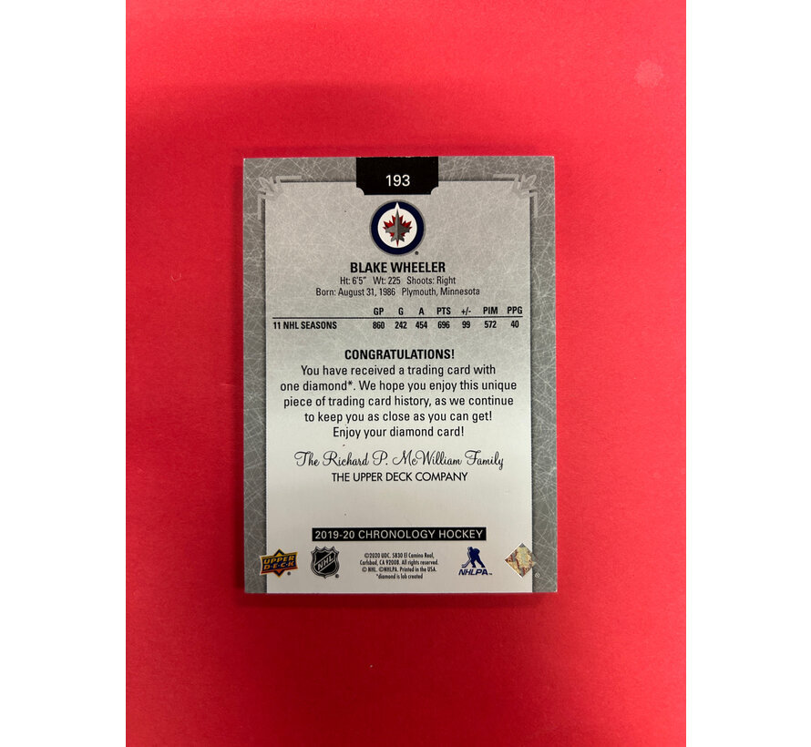 2019-20 UPPER DECK CHRONOLOGY BLAKE WHEELER DIAMOND RELICS /36