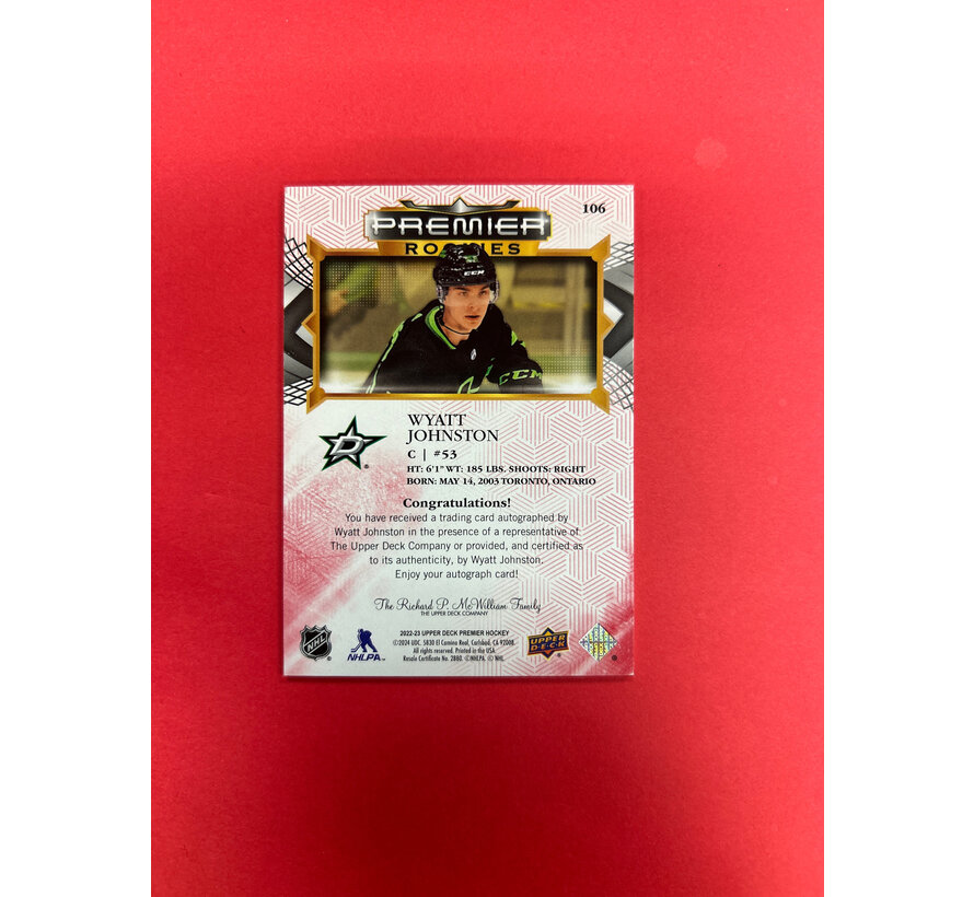 2022-23 UPPER DECK PREMIER WYATT JOHNSTON ROOKIE AUTO