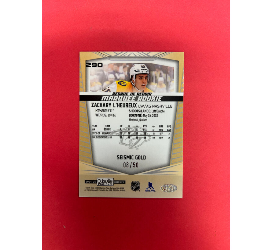 2024-25 OPC PLATINUM ZACHARY L'HEUREUX SEISMIC GOLD MARQUEE ROOKIE /50